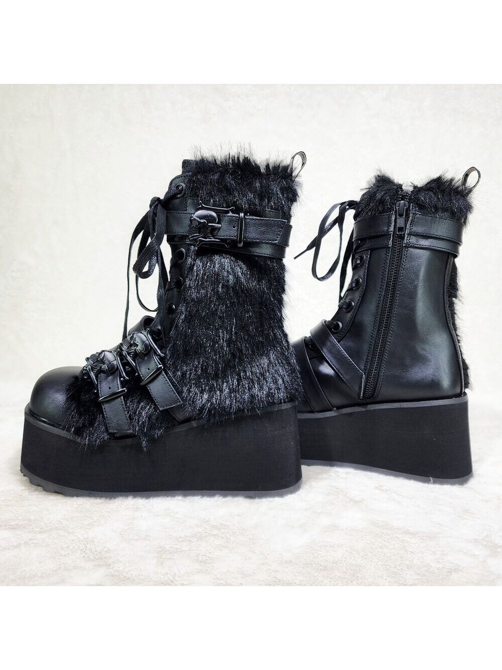 NIB DEMONIA 118 Furry Goth Punk Rock 3.25" Platform Boot Black
